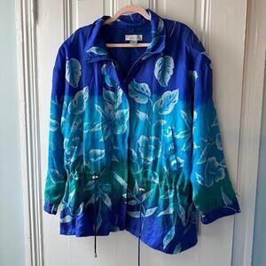 Crystal Vintage Blue Silk Leaf Print Jacket Pockets Drawstring Waist XL